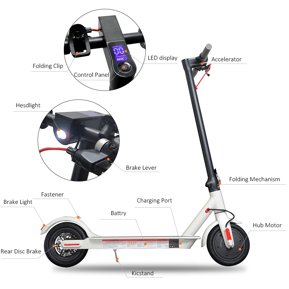ZeeBull Electric Scooter ES1, Portable Folding E-Scooter for Adults, UL Certified 8.5" Solid Tires 350W Motor (Air Tire White)